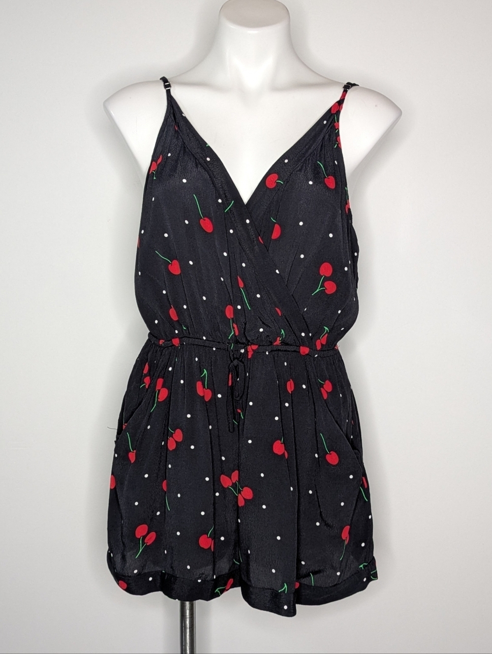 Express Black Red Cherry V Neck Rayon Summer Romper LP